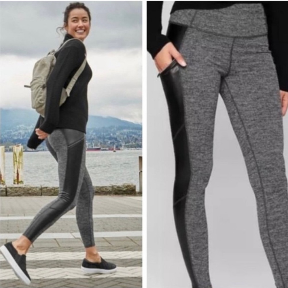 NWOT Athleta Herringbone Drifter Tights w/Faux Leather, Zip Pockets Sz Medium